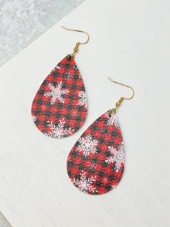 Snowflakes Printed Teardrop Dangle Earrings - Red Buffalo Check
