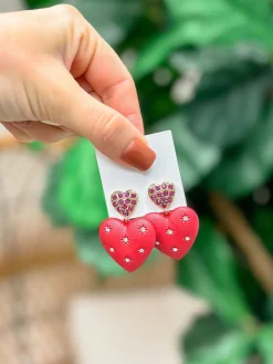Sparkling Heart Drop Dangle Earrings - Red
