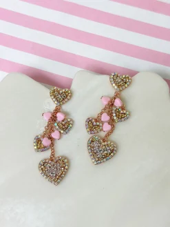 Sparkling Hearts Dangle Earrings - Light Pink