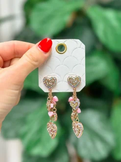 Sparkling Hearts Dangle Earrings - Light Pink