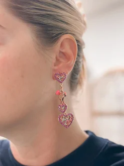 Sparkling Hearts Dangle Earrings - Dark Pink