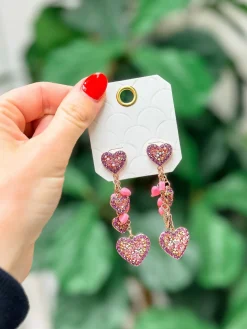 Sparkling Hearts Dangle Earrings - Dark Pink