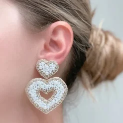Sparkly Beaded Double Heart Dangle Earrings - Ivory