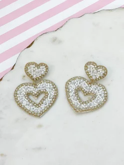 Sparkly Beaded Double Heart Dangle Earrings - Ivory