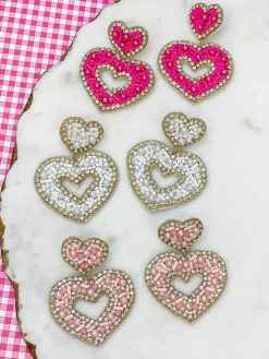 Sparkly Beaded Double Heart Dangle Earrings - Ivory