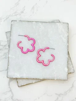 Spring Flower Enamel Coated Cutout Hoops - Pink
