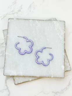 Spring Flower Enamel Coated Cutout Hoops - Purple