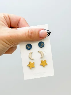 Star & Moon Wood Stud Trio Earrings