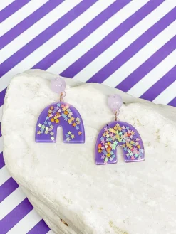 Star Confetti Rainbow Dangle Earrings - Purple