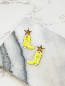 Star Cowboy Boot Enamel Dangle Earrings - Yellow