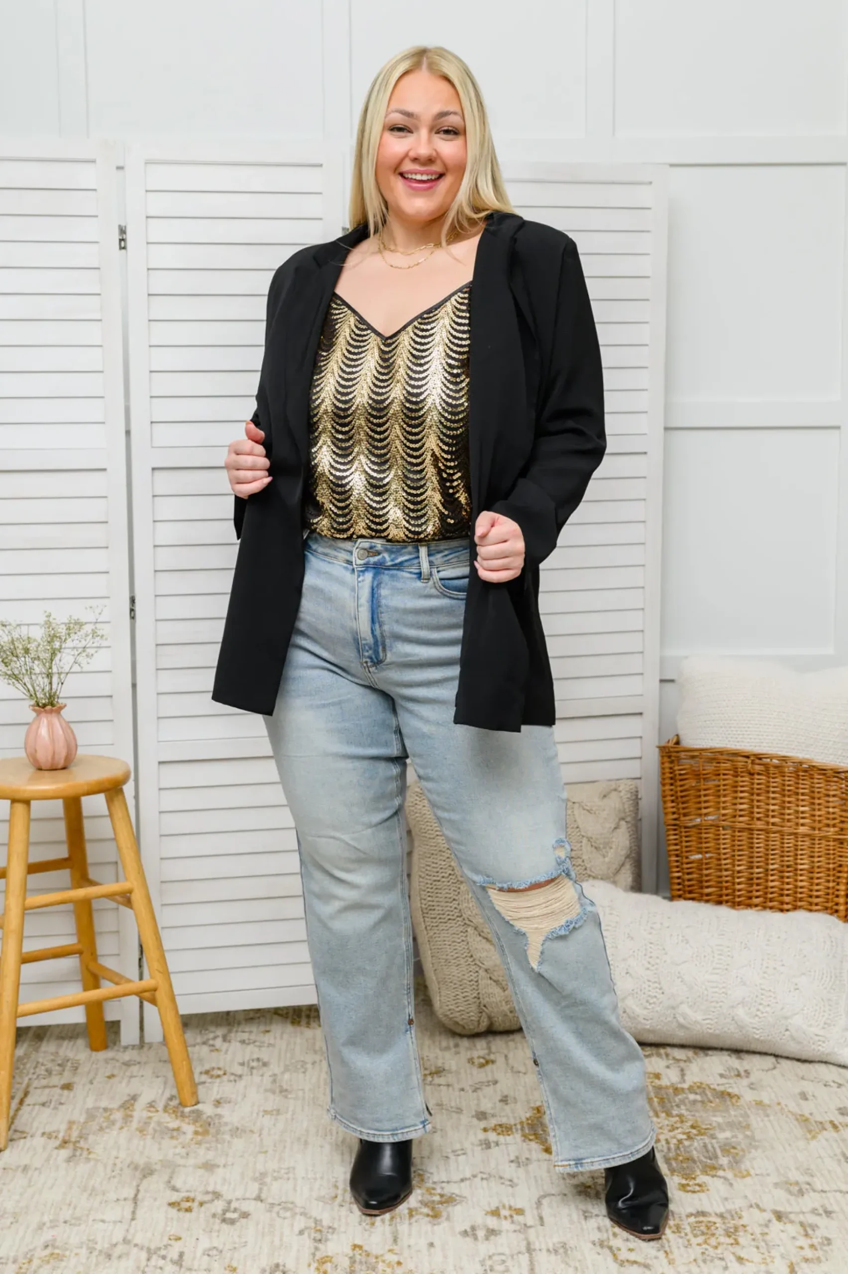 Stayin' Alive V-Neck Sequin Tank in Gold