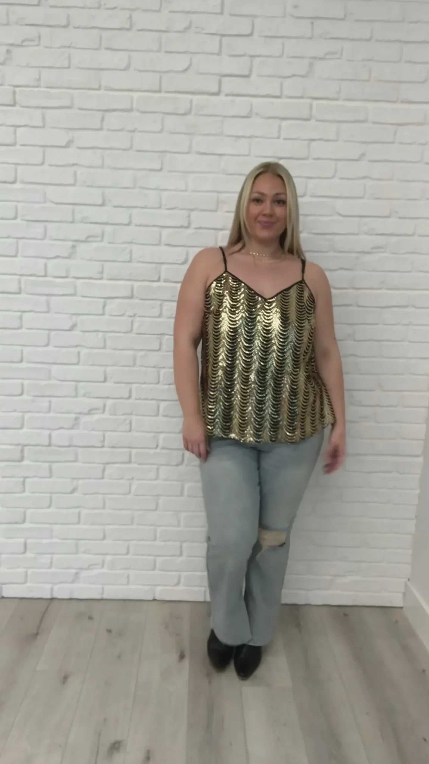 Stayin' Alive V-Neck Sequin Tank in Gold