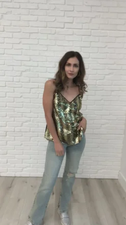 Stayin' Alive V-Neck Sequin Tank in Gold