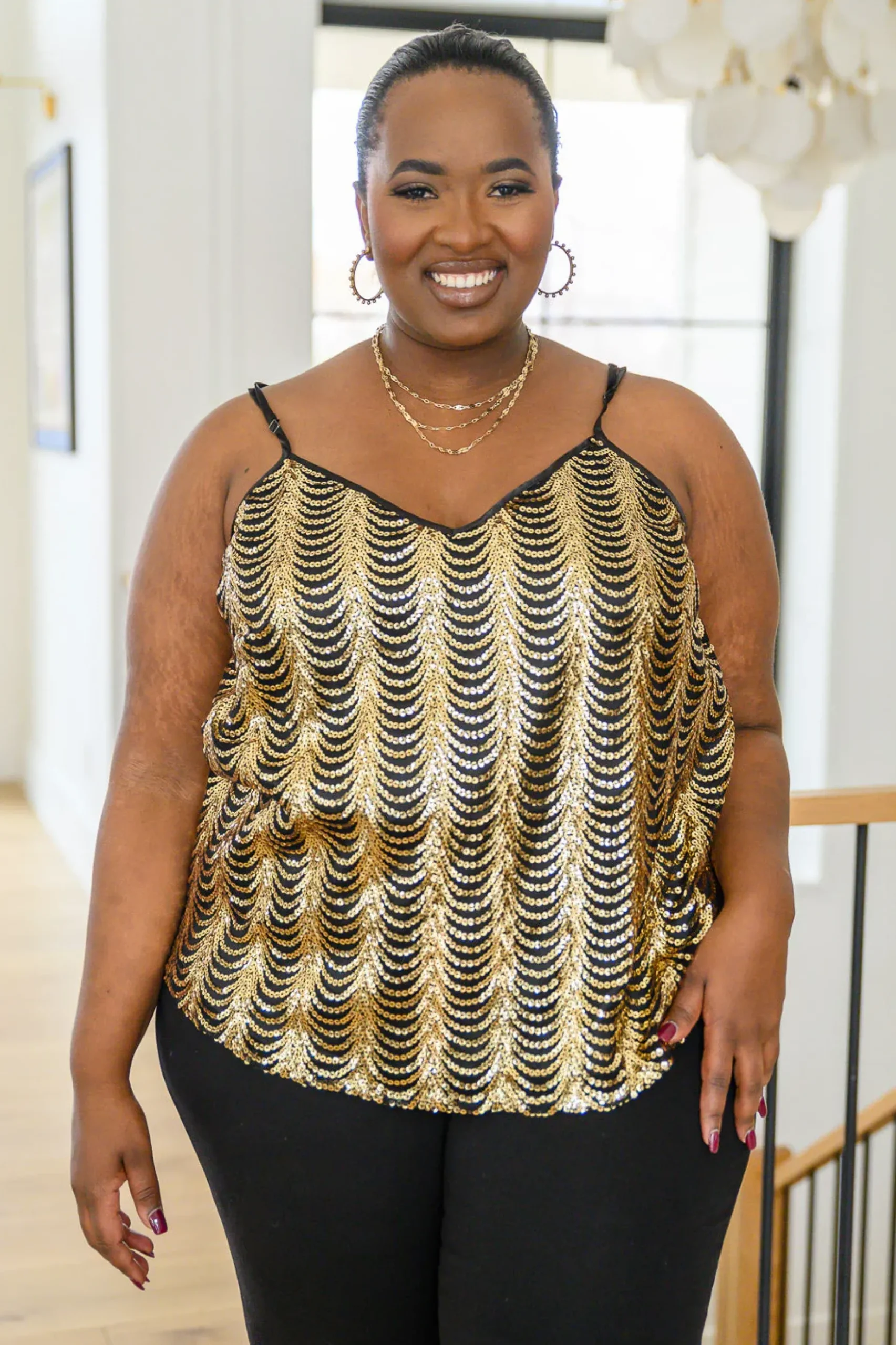 Stayin' Alive V-Neck Sequin Tank in Gold