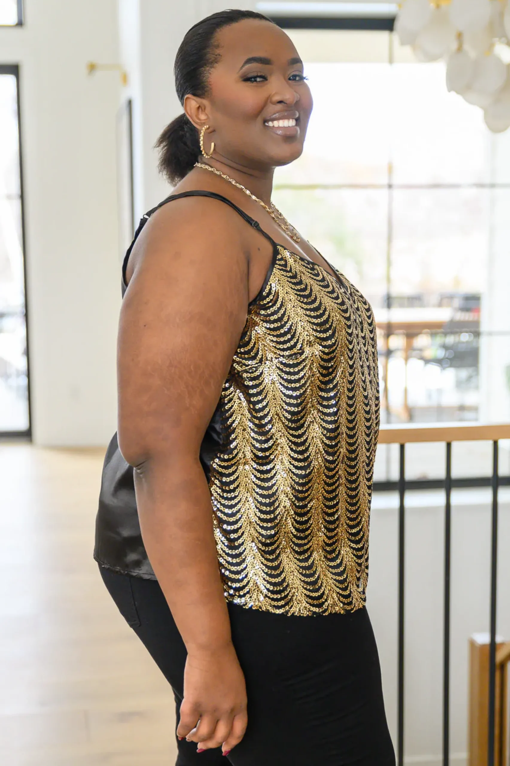 Stayin' Alive V-Neck Sequin Tank in Gold