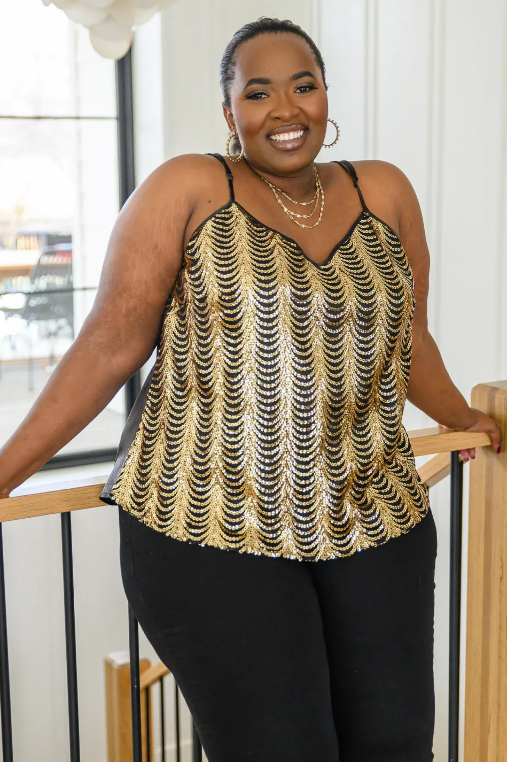 Stayin' Alive V-Neck Sequin Tank in Gold