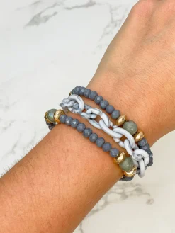 Stone Chain & Glass Bead Stretch Bracelet Set - Gray