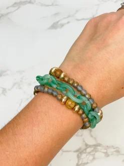 Stone Chain & Glass Bead Stretch Bracelet Set - Green