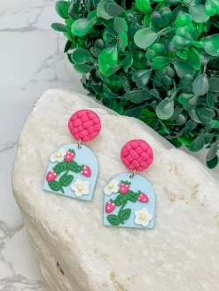 Strawberry Garden Clay Dangle Earrings - Blue & Pink