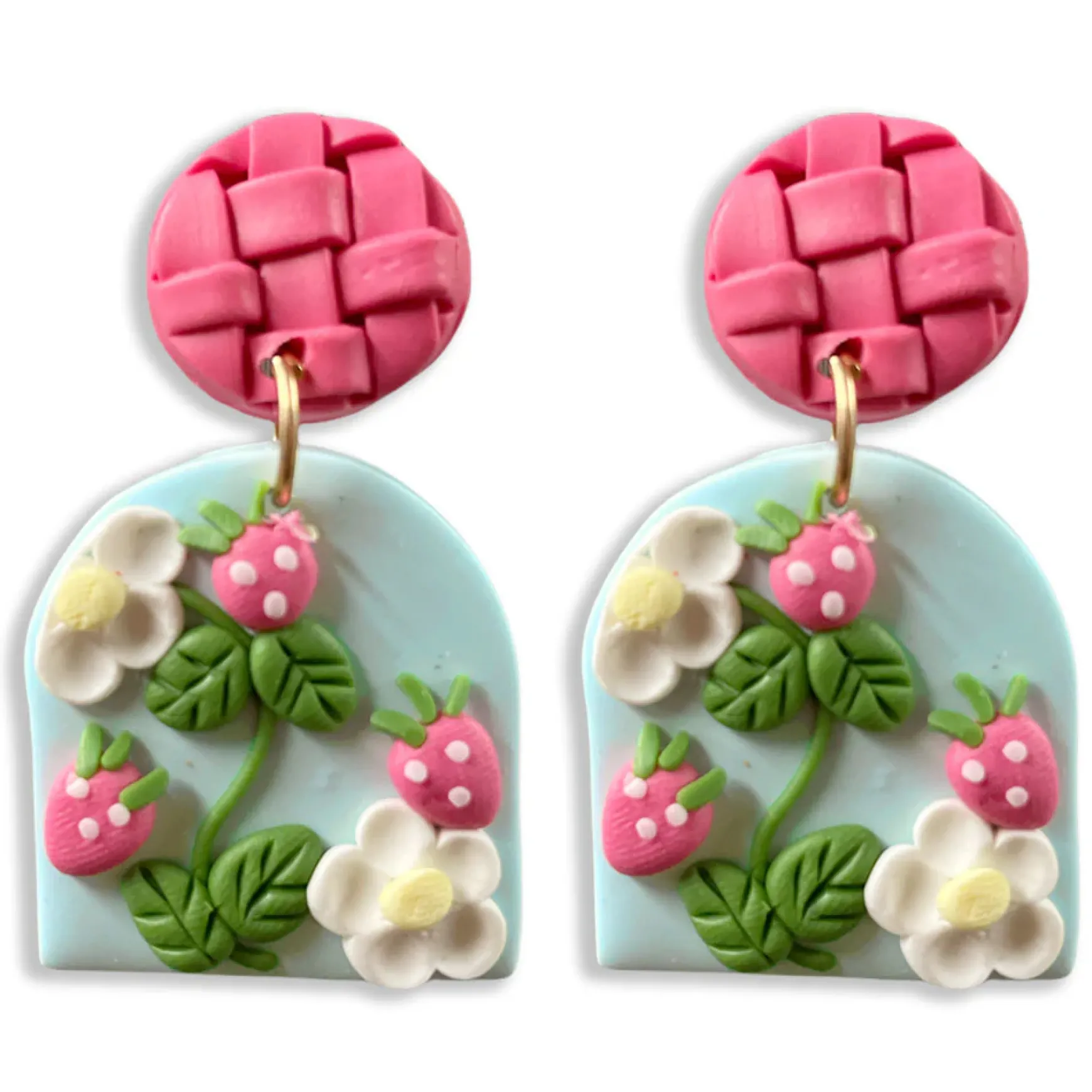 Strawberry Garden Clay Dangle Earrings - Blue & Pink