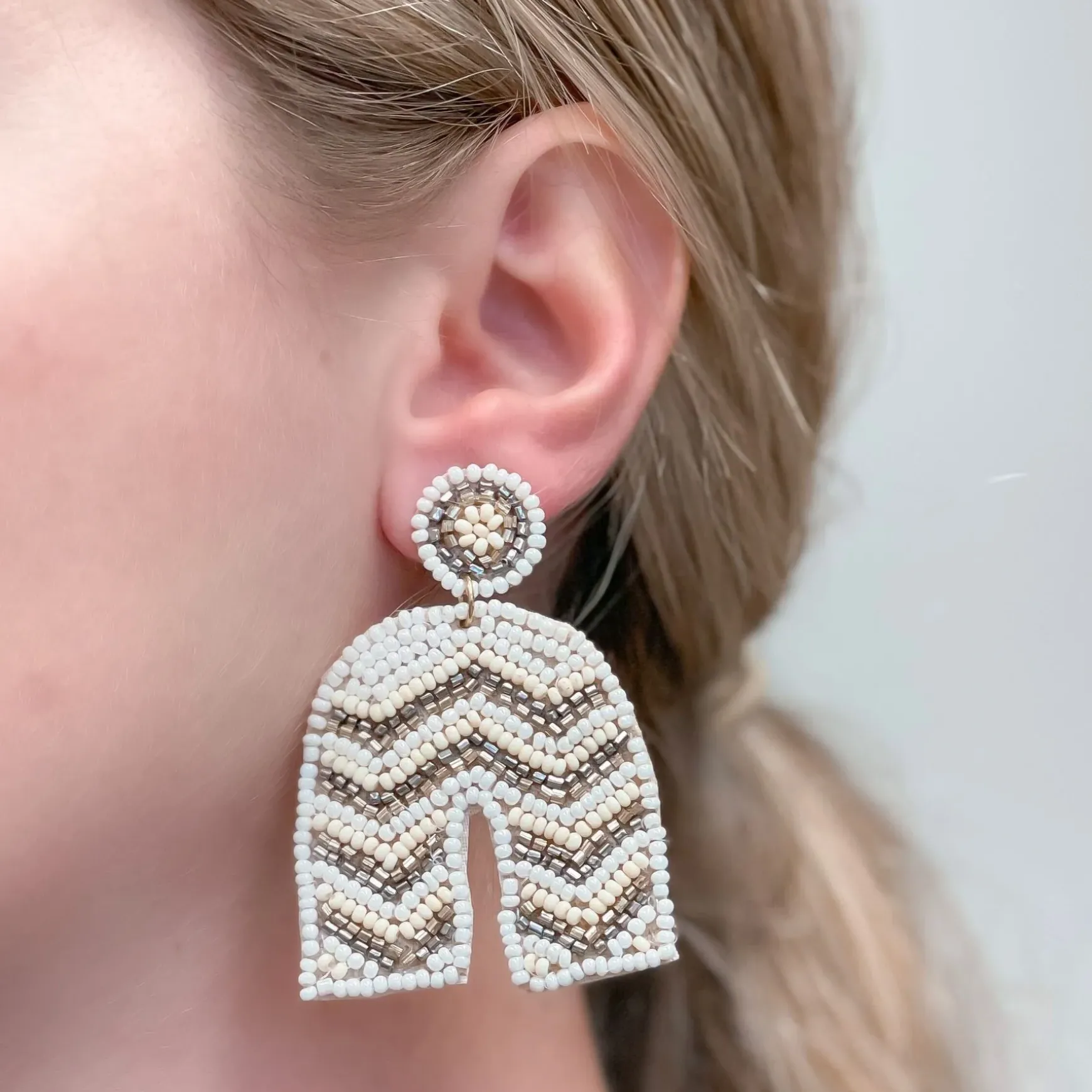 Striped Beaded Horseshoe Dangle Earrings - Ivory