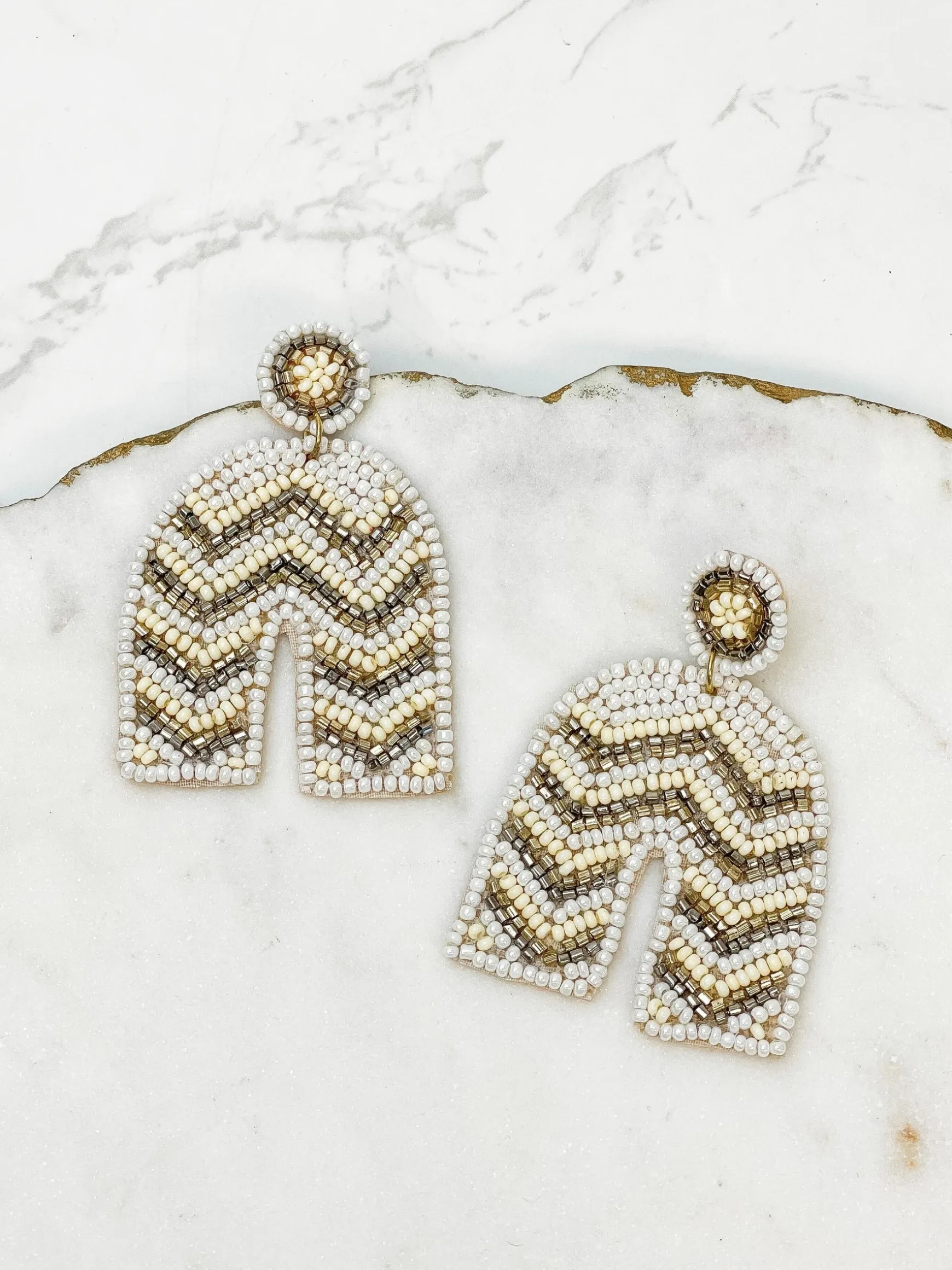 Striped Beaded Horseshoe Dangle Earrings - Ivory