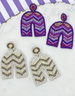 Striped Beaded Horseshoe Dangle Earrings - Purple