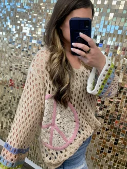 Striped Sleeve Loose Knit Peace Sign Top by POL