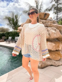 Striped Sleeve Loose Knit Peace Sign Top by POL