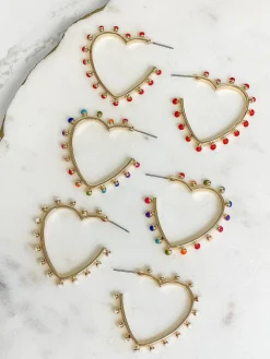 Studded Gold Heart Hoop Earrings - Ivory
