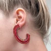 Suede Fringe Beaded Hoop Earrings - Burgundy