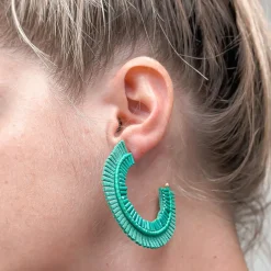 Suede Fringe Beaded Hoop Earrings - Green