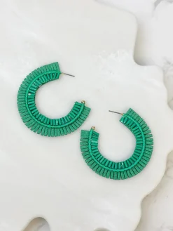 Suede Fringe Beaded Hoop Earrings - Green
