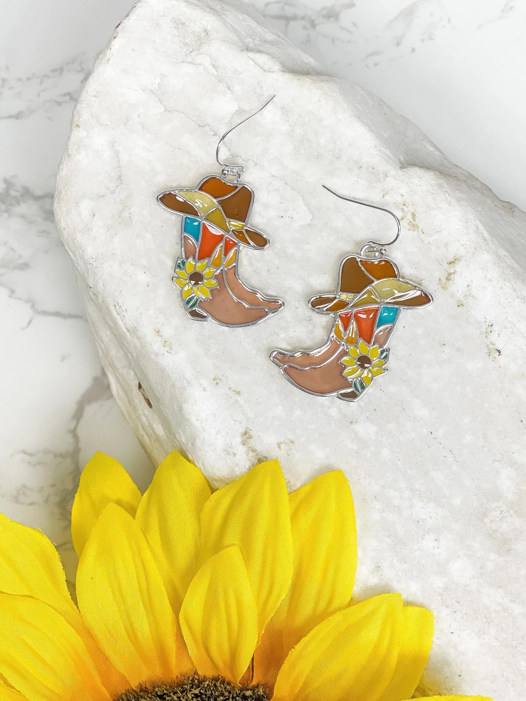 Sunflower Enamel Cowboy Dangle Earrings
