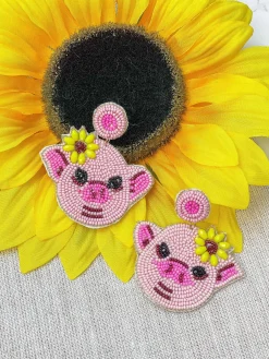 Sunflower Piggy Beaded Dangle Earrings