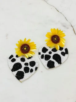 Sunflower Post Cow Print Heart Dangle Earrings