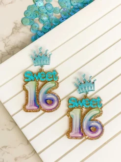 'Sweet 16' Birthday Balloon Dangle Earrings - Blue & Purple