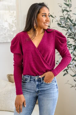 Take Me Out Faux Wrap Bodysuit In Magenta