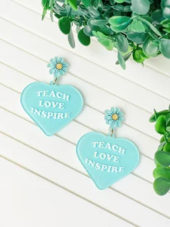 'Teach Love Inspire' Heart Dangle Earrings - Blue