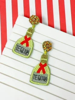 Tequila Bottle Seed Bead Dangle Earrings - Yellow