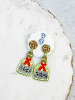 Tequila Bottle Seed Bead Dangle Earrings - Yellow