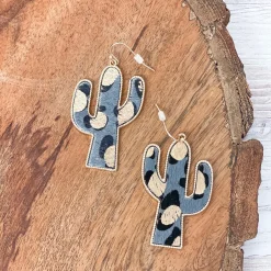 Textured Gold Metallic Cactus Dangle Earrings in Gray