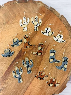 Textured Gold Metallic Cactus Dangle Earrings in Gray