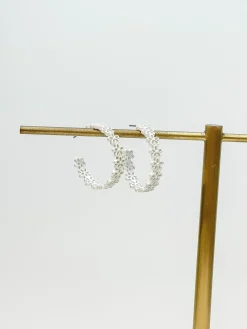 Textured Metal Flower Hoop Earrings - White