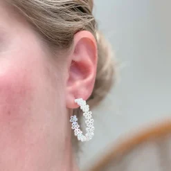 Textured Metal Flower Hoop Earrings - White