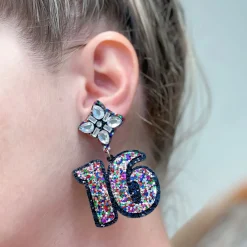 16th Birthday Glitter & Rhinestone Dangle Earrings