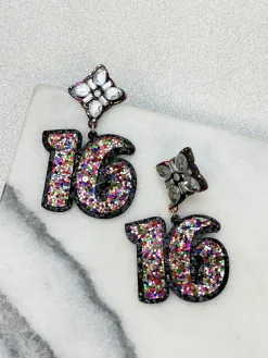 16th Birthday Glitter & Rhinestone Dangle Earrings