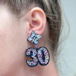 30th Birthday Glitter & Rhinestone Dangle Earrings