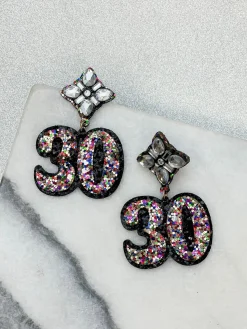 30th Birthday Glitter & Rhinestone Dangle Earrings
