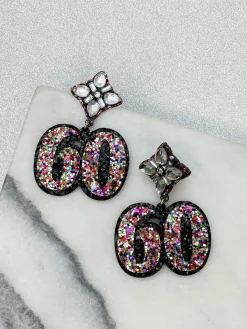 60th Birthday Glitter & Rhinestone Dangle Earrings